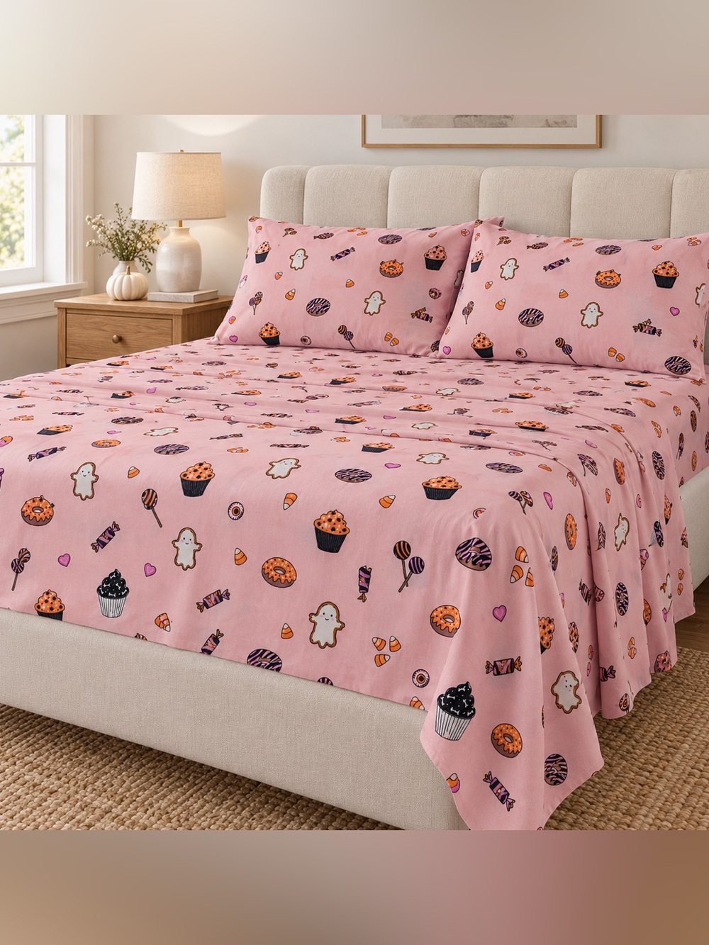 London Kaye Queen Sheet Set Pink Halloween Ghost Cookies Candy Cupcakes